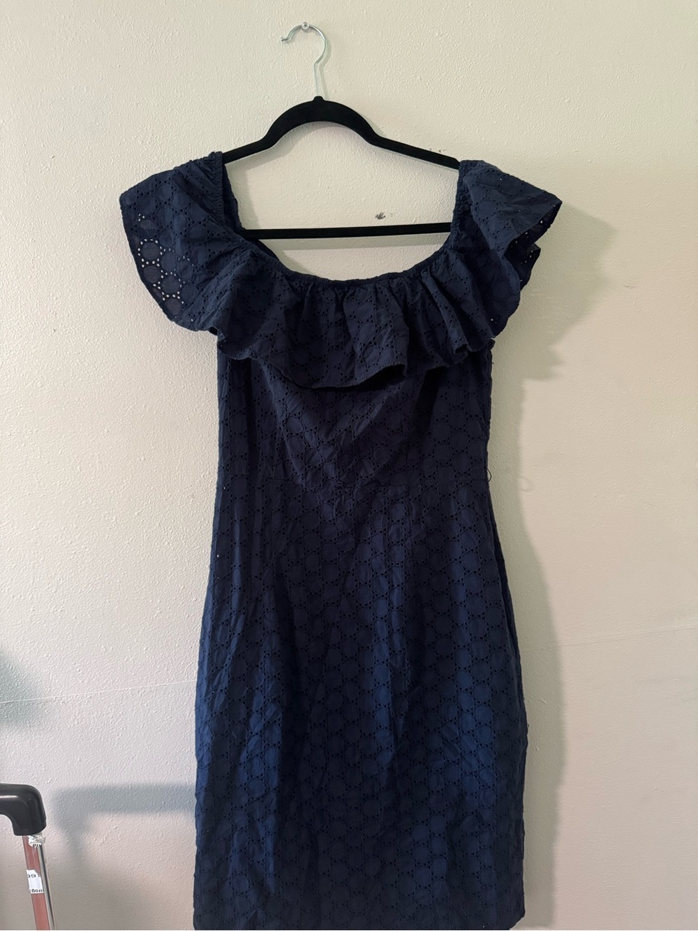 David Meister Navy Eyelet One-Shoulder Ruffle Dress